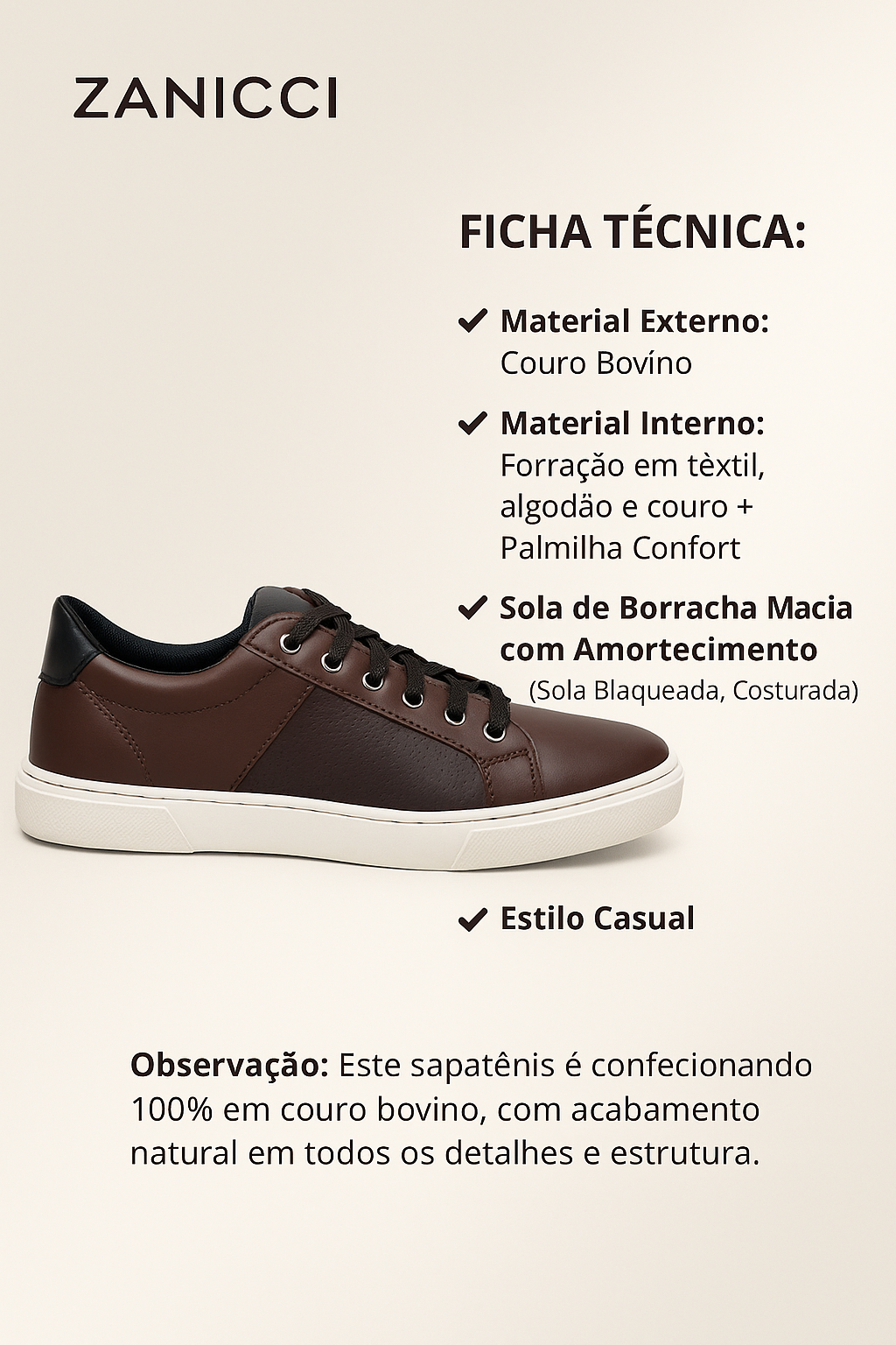 Tenis Sapatenis Casual de Couro + Palmilha Confort embutida