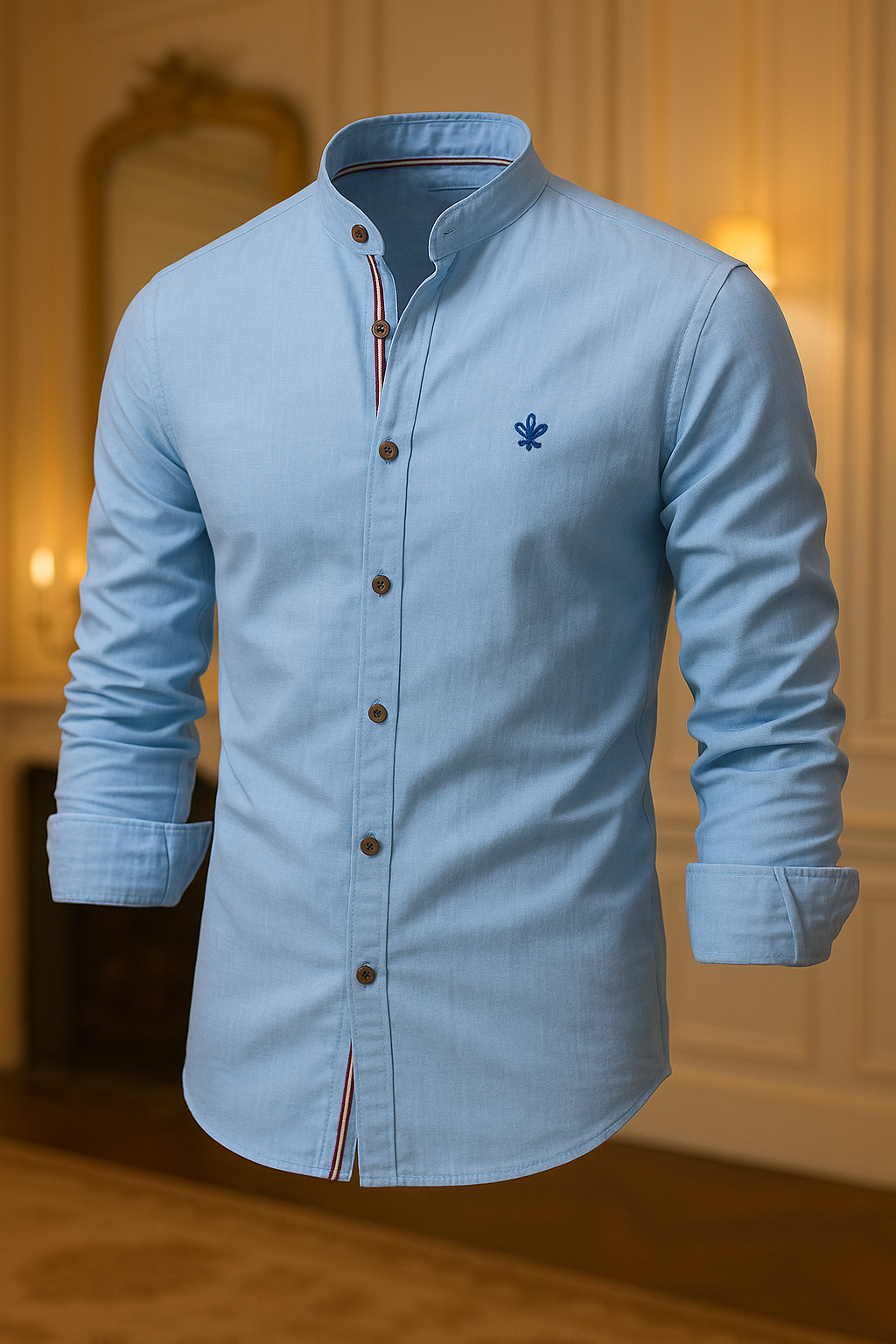 Camisa de Botão Social Masculina Manga Longa Gola Padre de Alta Qualidade