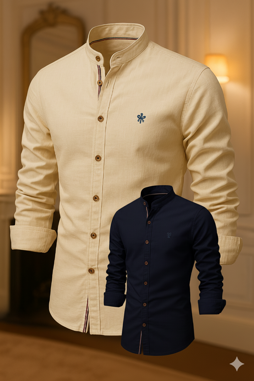 Kit 2 Camisas de Botão Social Masculina Manga Longa Gola Padre Algodão Egípcio + Cinto de Couro