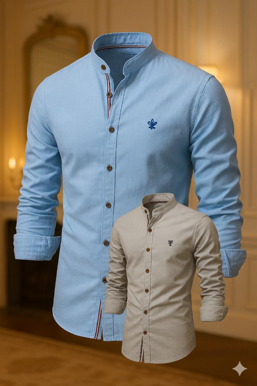 Kit 2 Camisas de Botão Social Masculina Manga Longa Gola Padre Algodão Egípcio + Cinto de Couro