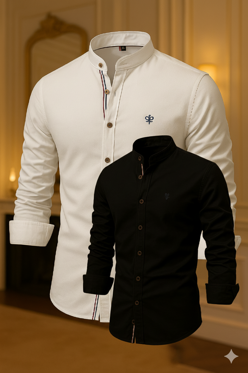 Kit 2 Camisas de Botão Social Masculina Manga Longa Gola Padre Algodão Egípcio + Cinto de Couro