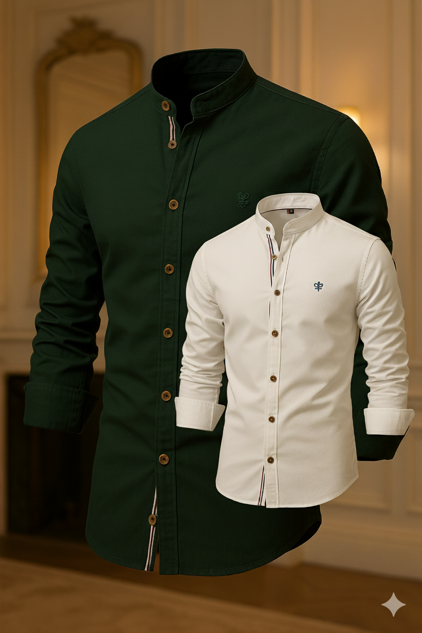 Kit 2 Camisas de Botão Social Masculina Manga Longa Gola Padre Algodão Egípcio + Cinto de Couro