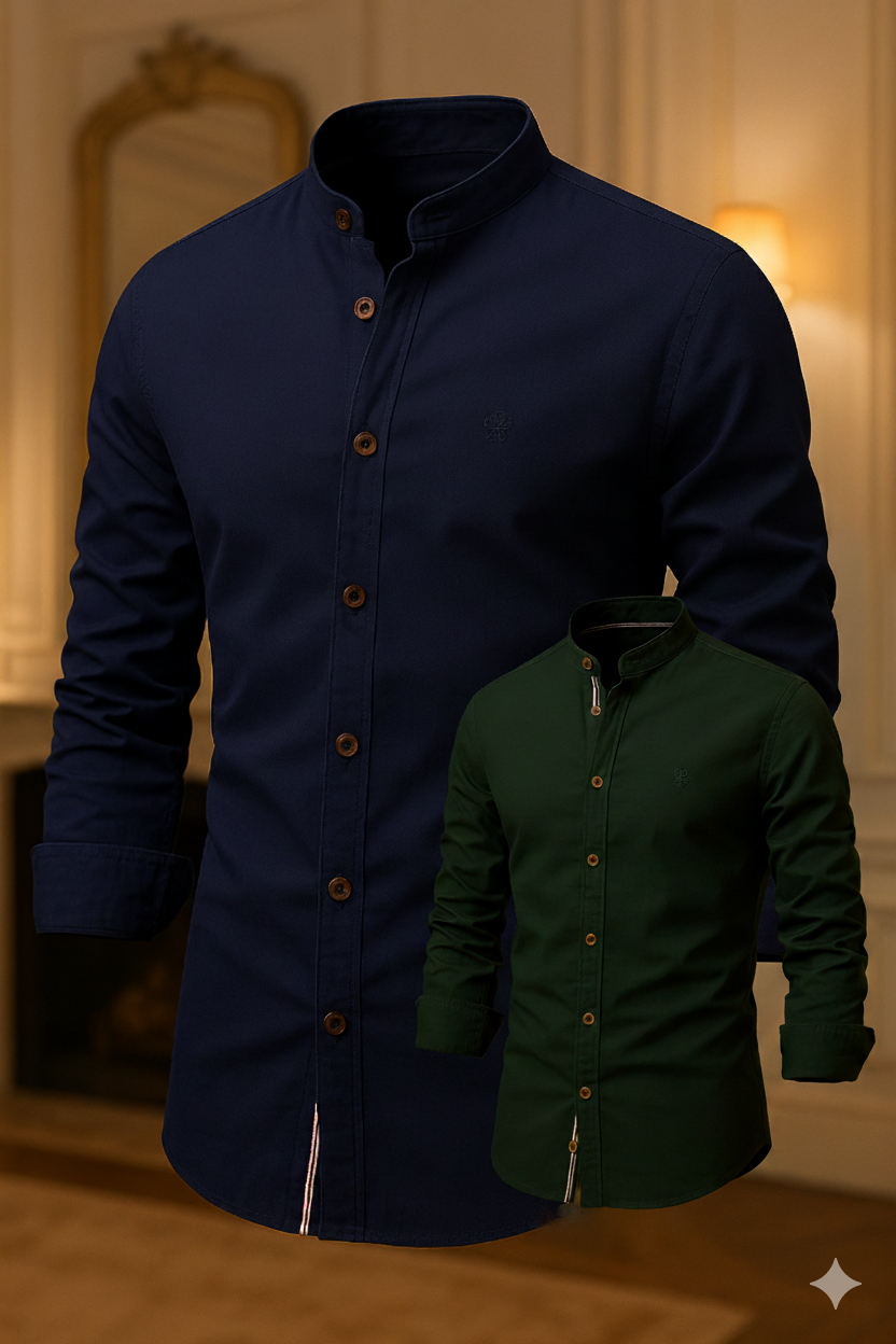 Kit 2 Camisas de Botão Social Masculina Manga Longa Gola Padre Algodão Egípcio + Cinto de Couro