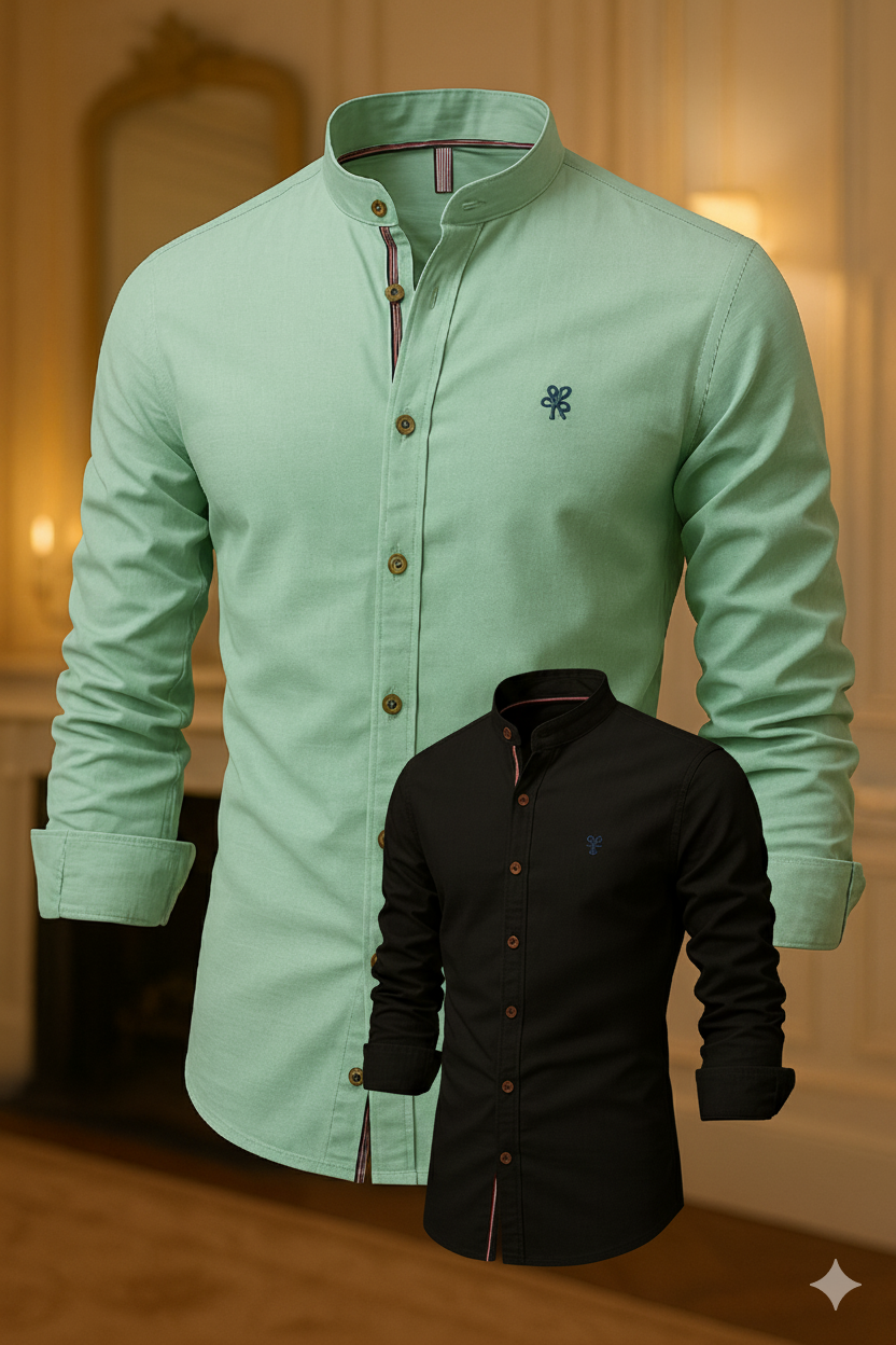 Kit 2 Camisas de Botão Social Masculina Manga Longa Gola Padre Algodão Egípcio + Cinto de Couro