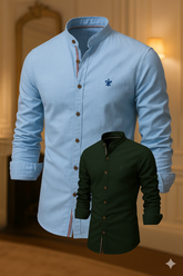 Kit 2 Camisas de Botão Social Masculina Manga Longa Gola Padre Algodão Egípcio + Cinto de Couro