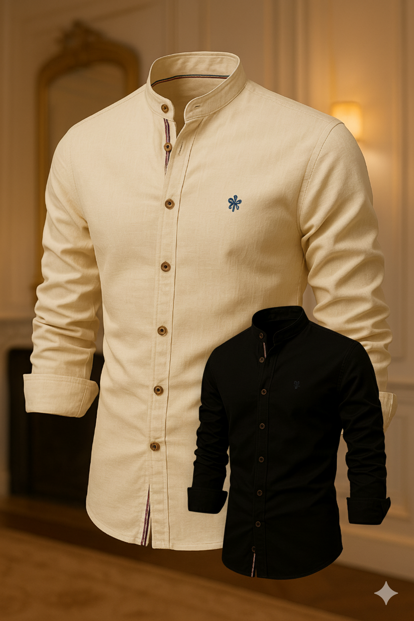 Kit 2 Camisas de Botão Social Masculina Manga Longa Gola Padre Algodão Egípcio + Cinto de Couro