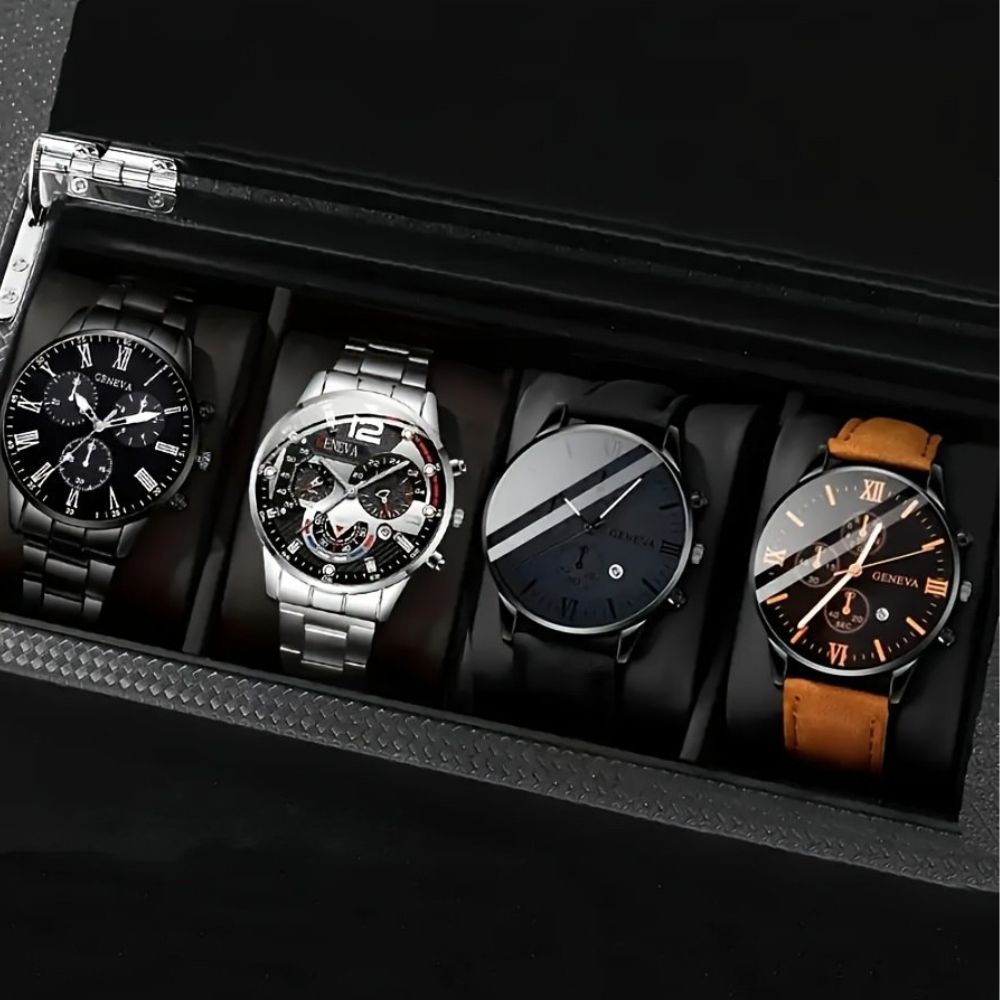 Conjunto de 4 Relógios Masculino Super Elegante e Barato em Aço Inoxidável e Couro à Prova d’Água – Quartzo Luxo