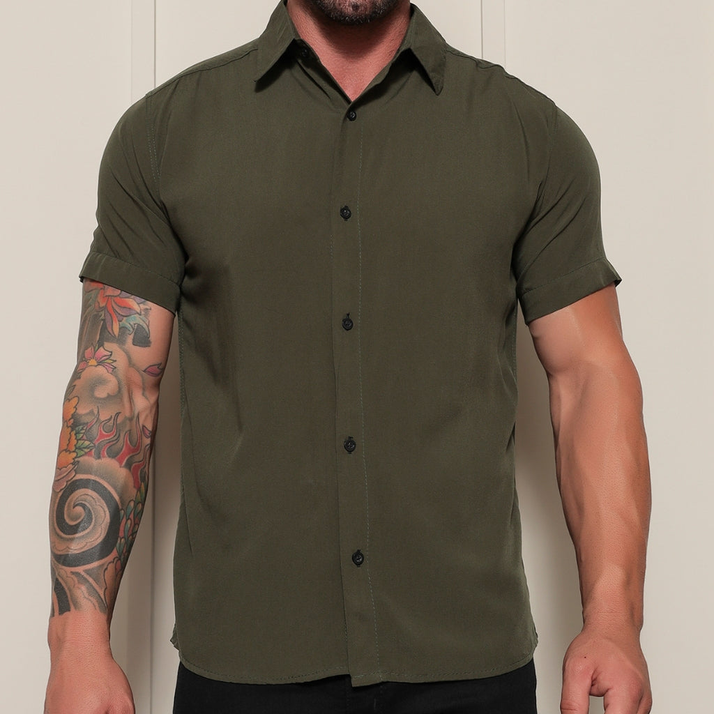 Camisa Social Masculino Manga Curta De Botão Lisa 100% Algodao Slim