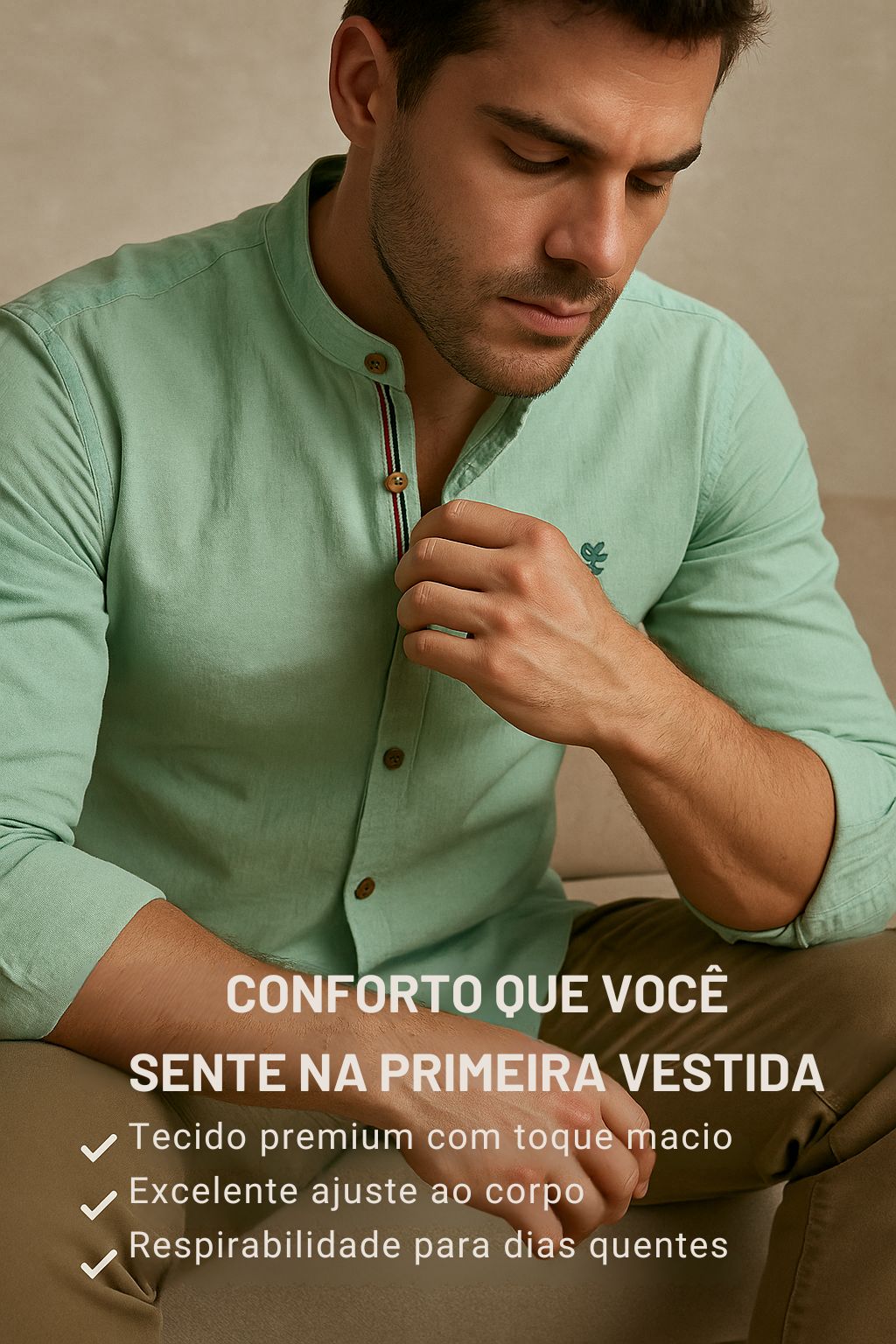 Camisa de Botão Social Masculina Manga Longa Gola Padre