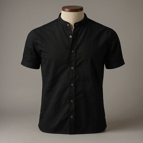 Camisa Social Manga Curta Masculina Gola Padre em Linho