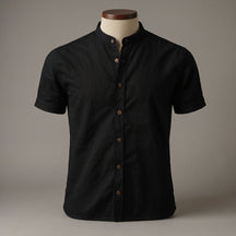 Camisa Social Manga Curta Masculina Gola Padre em Algodão Egípcio