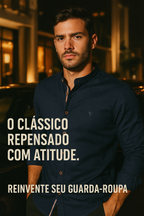 Camisa de Botão Social Masculina Manga Longa Gola Padre