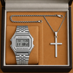 Kit Relógio Masculino Retrô com Cordão e Pulseira Inox