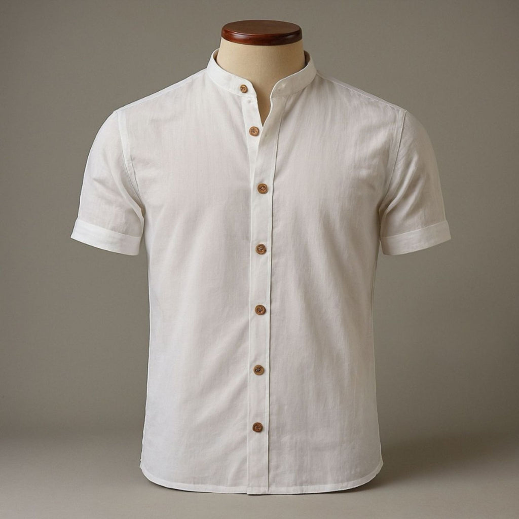 Camisa Social Manga Curta Masculina Gola Padre em Linho