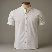 Camisa Social Manga Curta Masculina Gola Padre em Algodão Egípcio