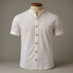 Camisa Social Manga Curta Masculina Gola Padre em Algodão Egípcio
