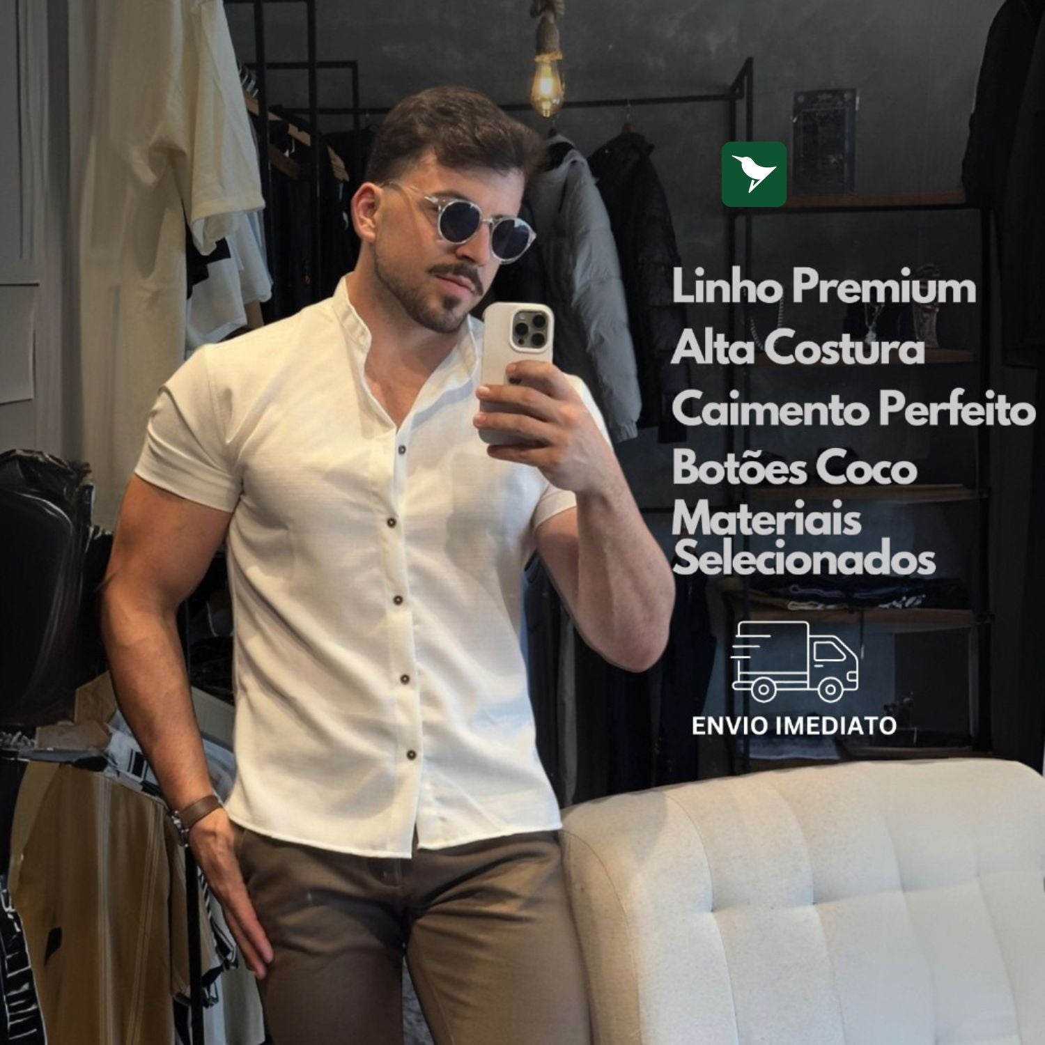 Camisa Social Manga Curta Masculina Gola Padre em Linho