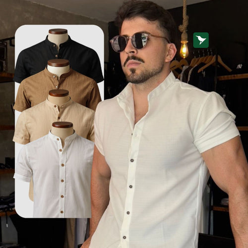 Camisa Social Manga Curta Masculina Gola Padre em Linho