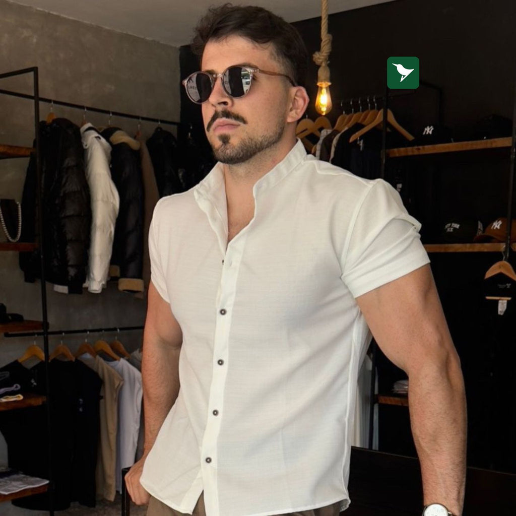 Camisa Social Manga Curta Masculina Gola Padre em Linho