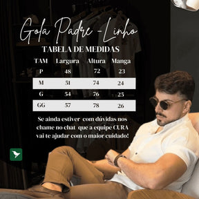 Camisa Social Manga Curta Masculina Gola Padre em Algodão Egípcio