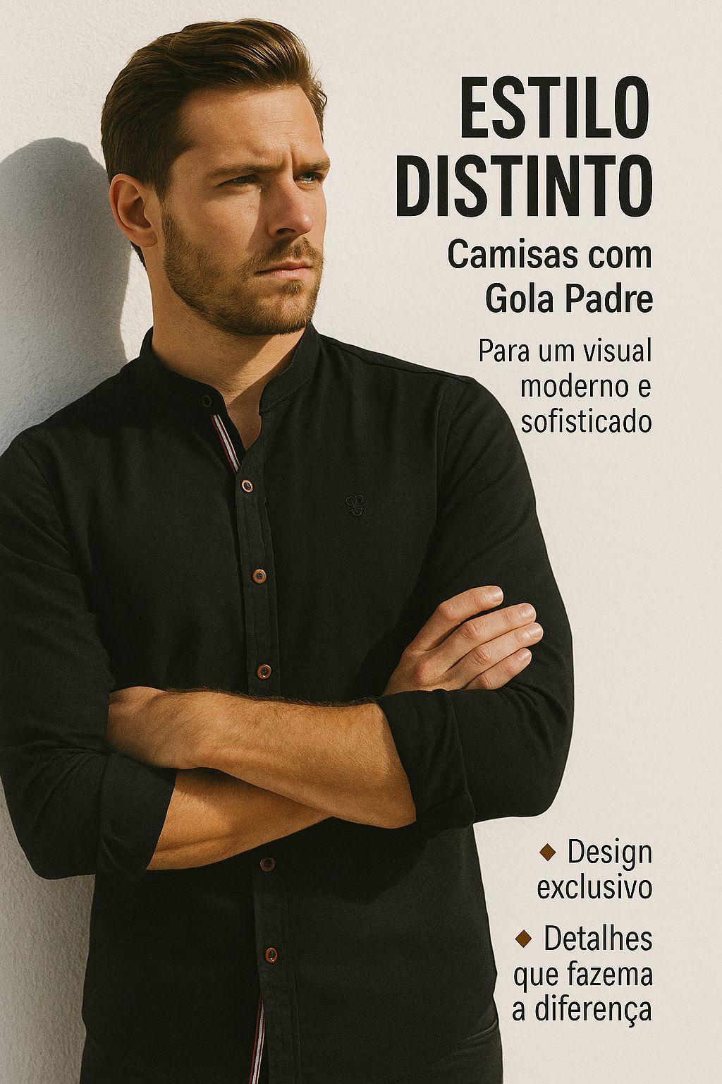Camisa de Botão Social Masculina Manga Longa Gola Padre