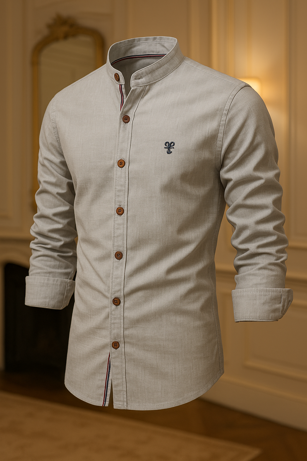 Camisa de Botão Social Masculina Manga Longa Gola Padre