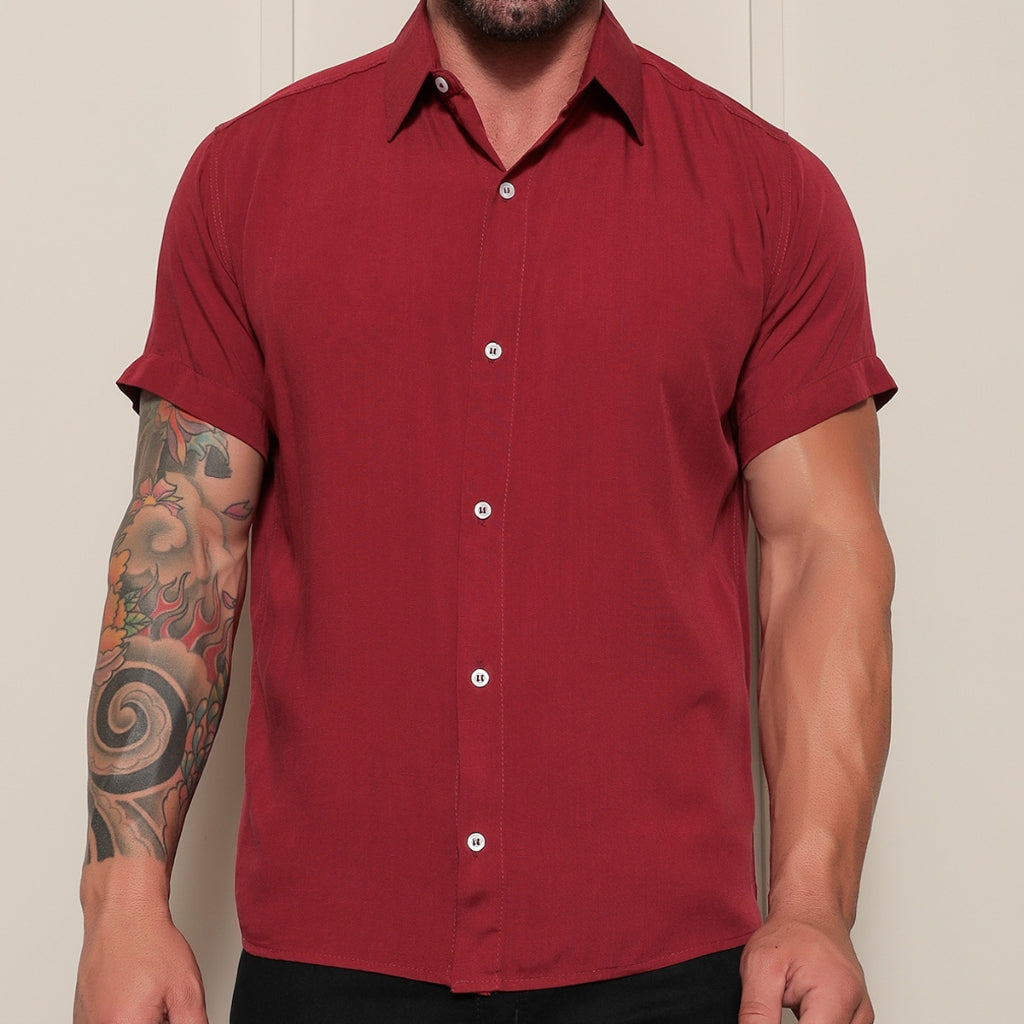 Camisa Social Masculino Manga Curta De Botão Lisa 100% Algodao Slim