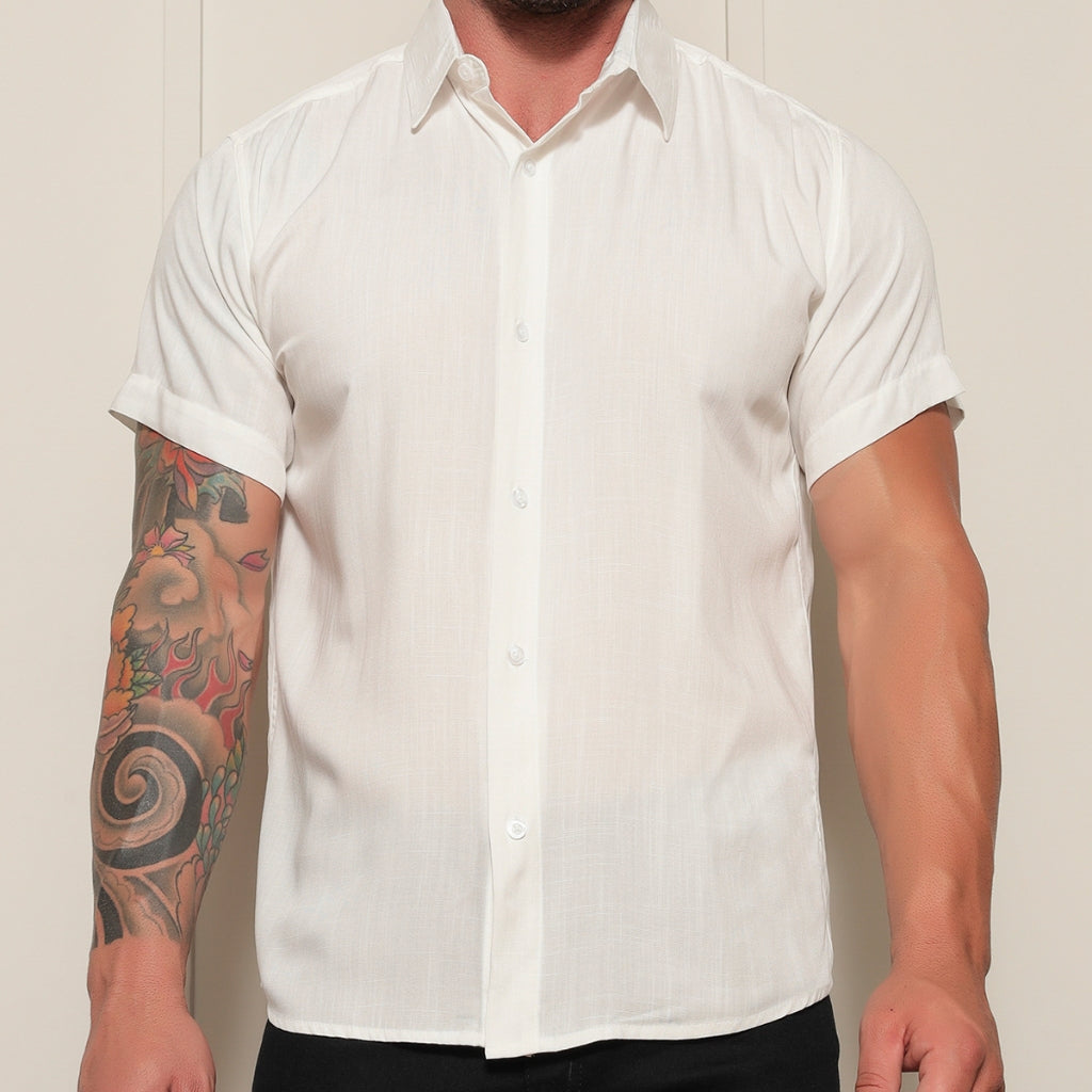 Camisa Social Masculino Manga Curta De Botão Lisa 100% Algodao Slim