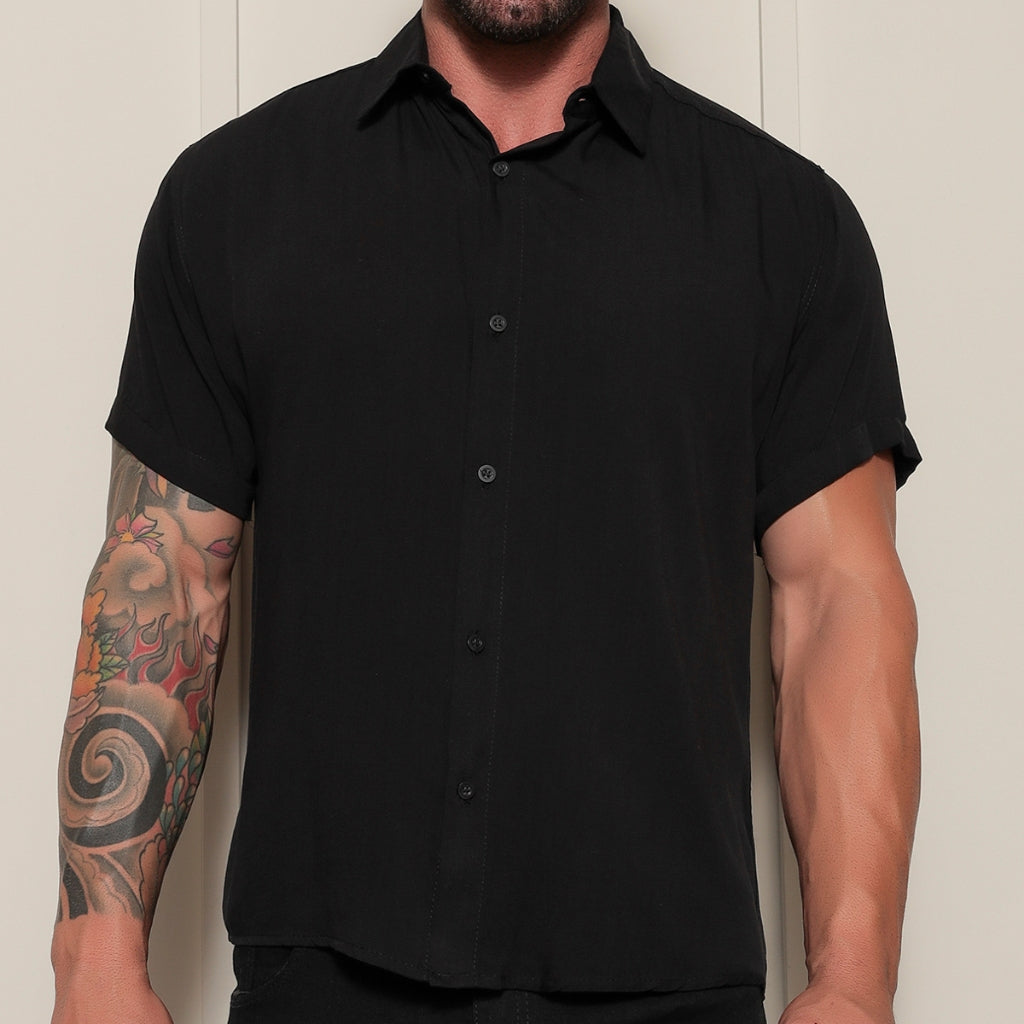 Camisa Social Masculino Manga Curta De Botão Lisa 100% Algodao Slim