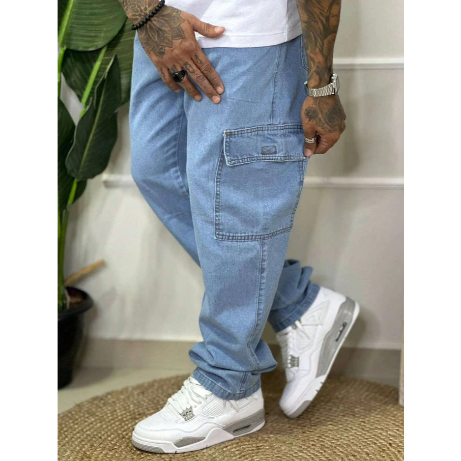 Calça Cargo Masculina Jeans Cos Elástico Cordão Skatista