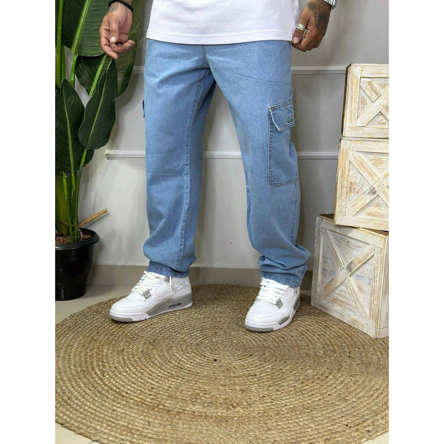 Calça Cargo Masculina Jeans Cos Elástico Cordão Skatista