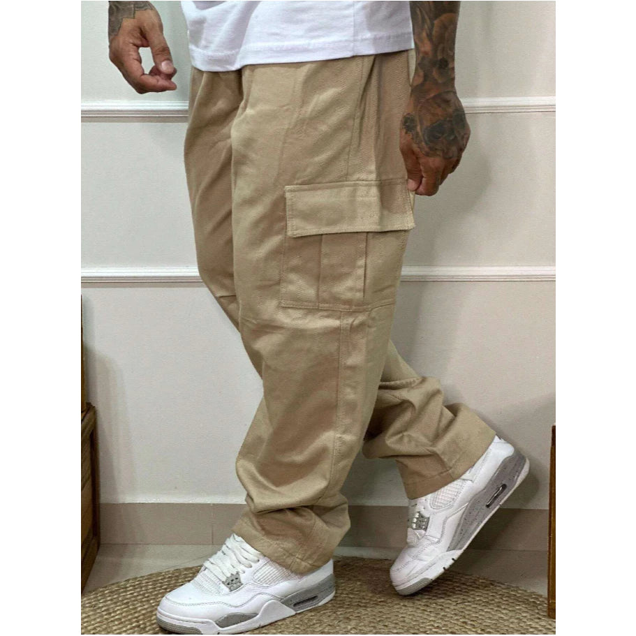 Calça Cargo Masculina Jeans Cos Elástico Cordão Skatista
