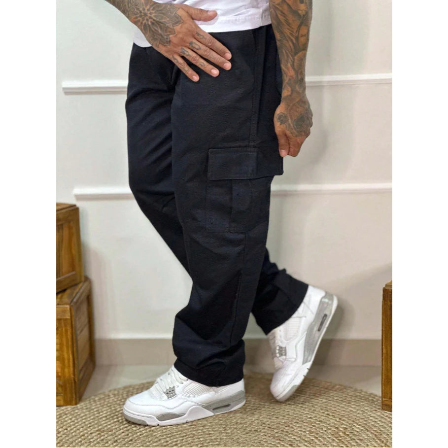 Calça Cargo Masculina Jeans Cos Elástico Cordão Skatista