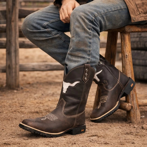 Bota Texana Masculina Country De Borracha Touro Vazado