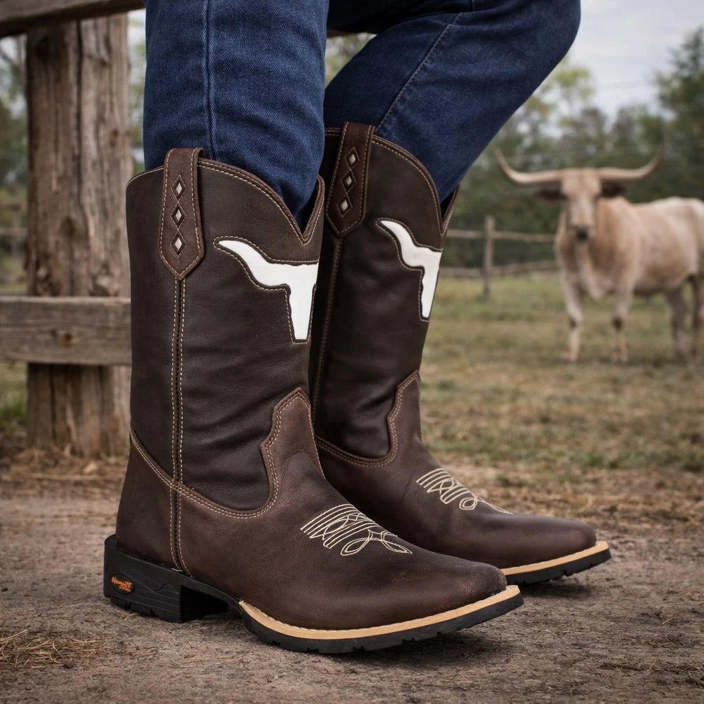 Bota Texana Masculina Country De Borracha Touro Vazado