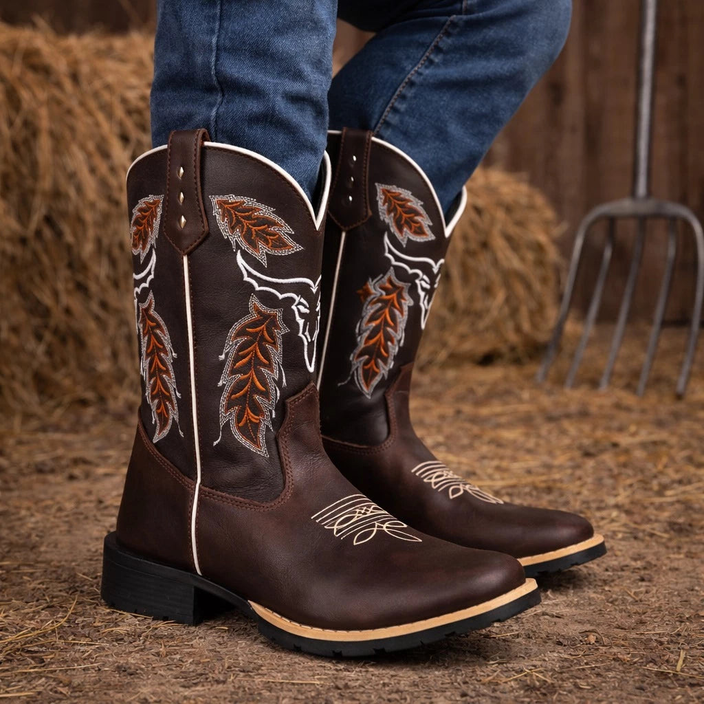 Bota Texana Masculina Country Bico Quadrado Cara De Boi Café