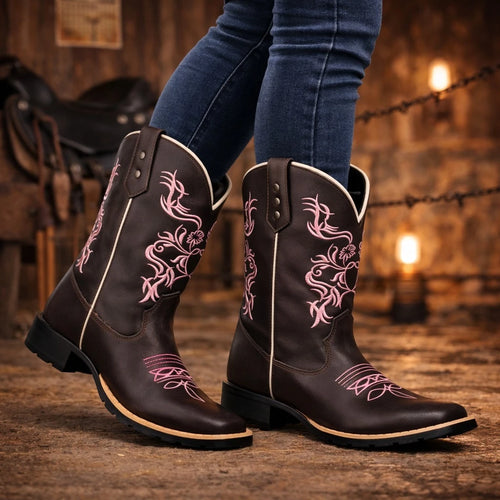 Bota Texana Feminina Country - Bordado Tribal Rosa