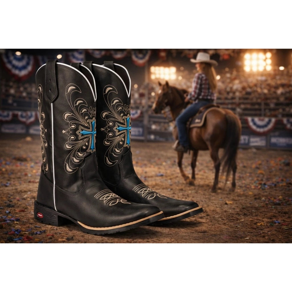 Bota Texana Feminina Country Bico Quadrado Sola Borracha Bordado 3D