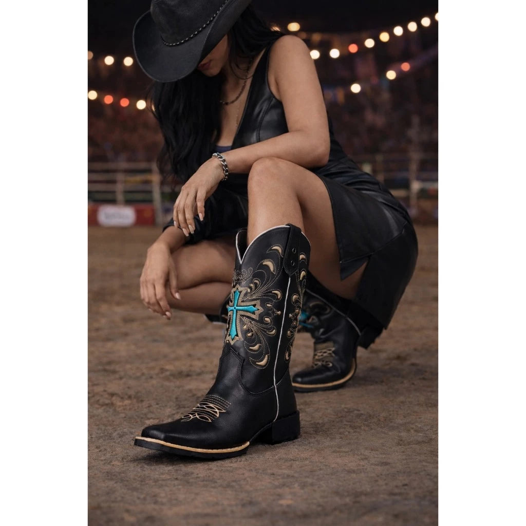 Bota Texana Feminina Country Bico Quadrado Sola Borracha Bordado 3D