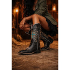 Bota Texana Feminina Country Bico Quadrado Sola Borracha Bordado 3D