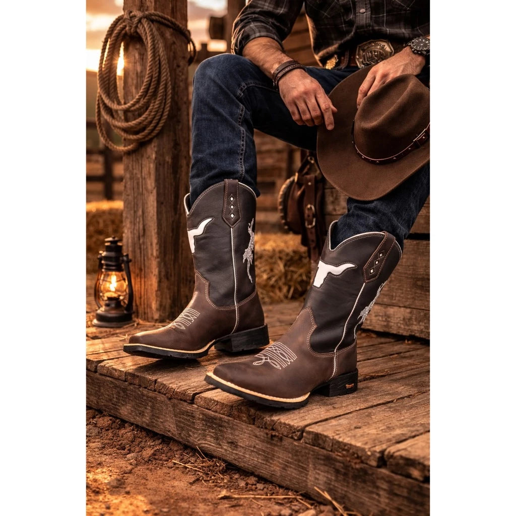 Bota Texana Masculina Country De Borracha Touro Vazado