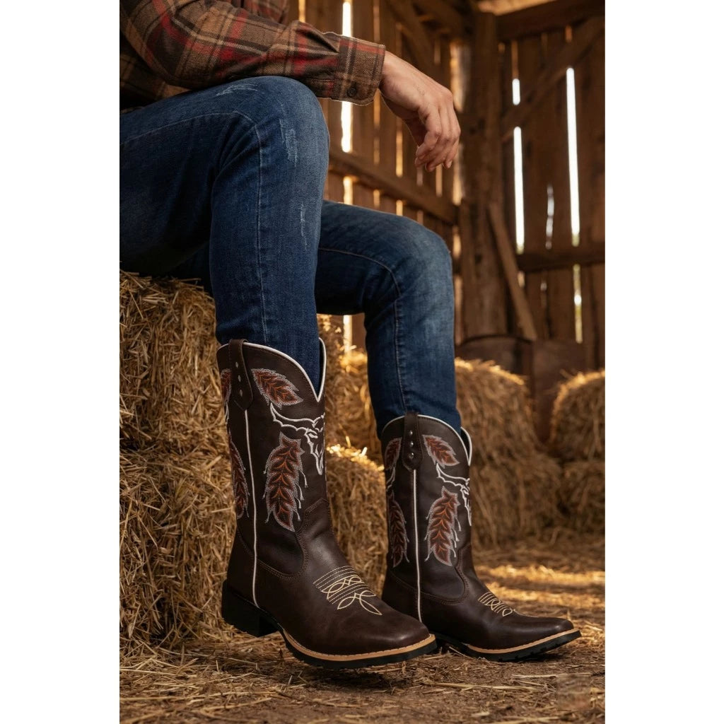 Bota Texana Masculina Country Bico Quadrado Cara De Boi Café