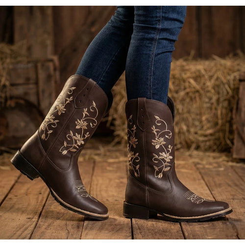 Bota Texana Feminina Ramos Café - Bico Quadrado e Conforto Premium