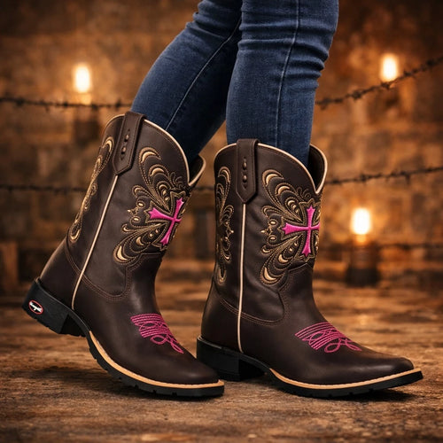 Bota Texana Feminina Couro Legítimo - Bico Quadrado Cruz Rosa