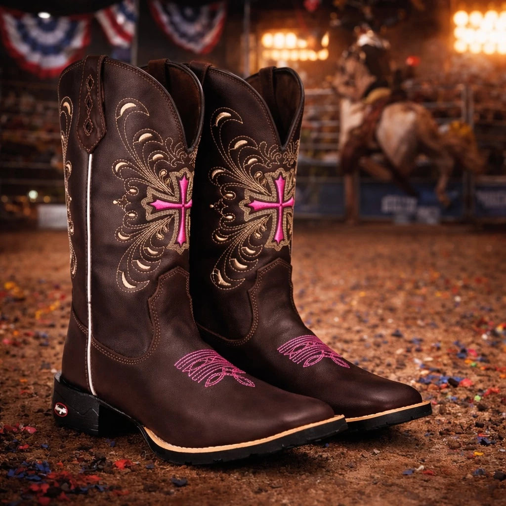 Bota Texana Feminina Couro Legítimo - Bico Quadrado Cruz Rosa