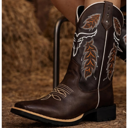Bota Texana Masculina Country Bico Quadrado Cara De Boi Café