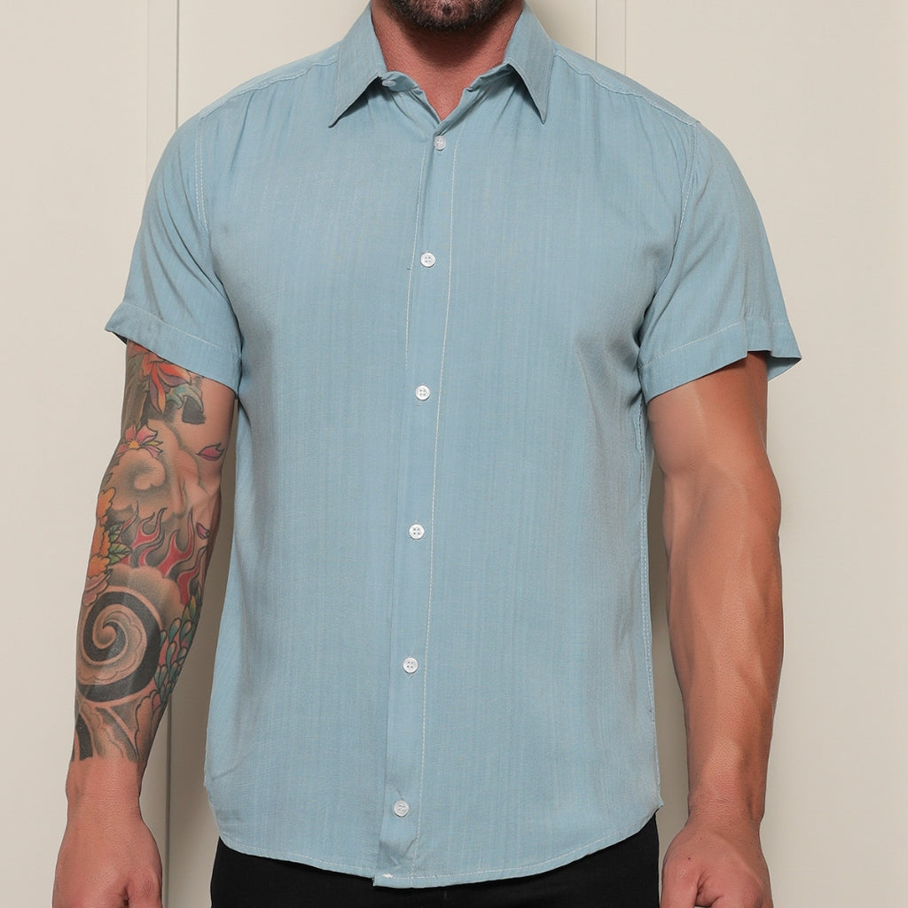 Camisa Social Masculino Manga Curta De Botão Lisa 100% Algodao Slim