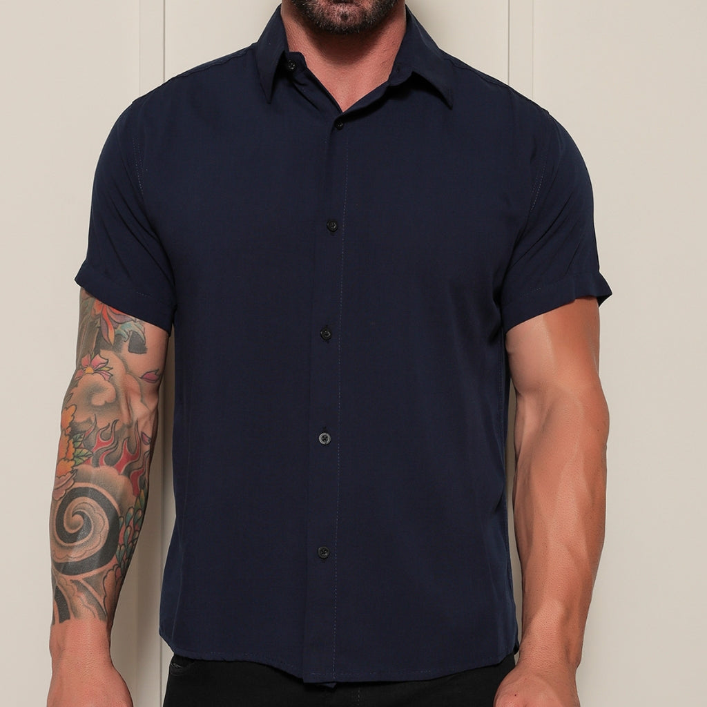 Camisa Social Masculino Manga Curta De Botão Lisa 100% Algodao Slim