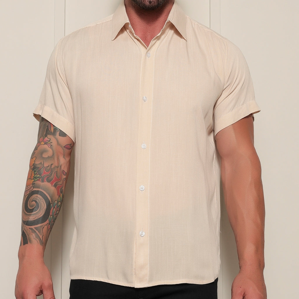 Camisa Social Masculino Manga Curta De Botão Lisa 100% Algodao Slim